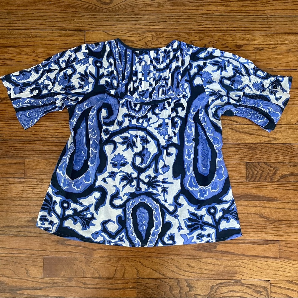 La Plage Celerie Vintage Paisley Blue White Tassel Tie Neck Top Blouse Sz XS NWT - Picture 7 of 8